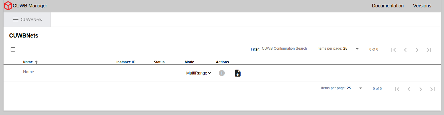 Initial CUWBNets page in CUWB Manager